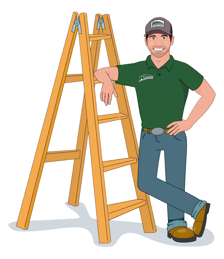 Kguard's mascot Kevin standing next to a ladder. Contact us today!